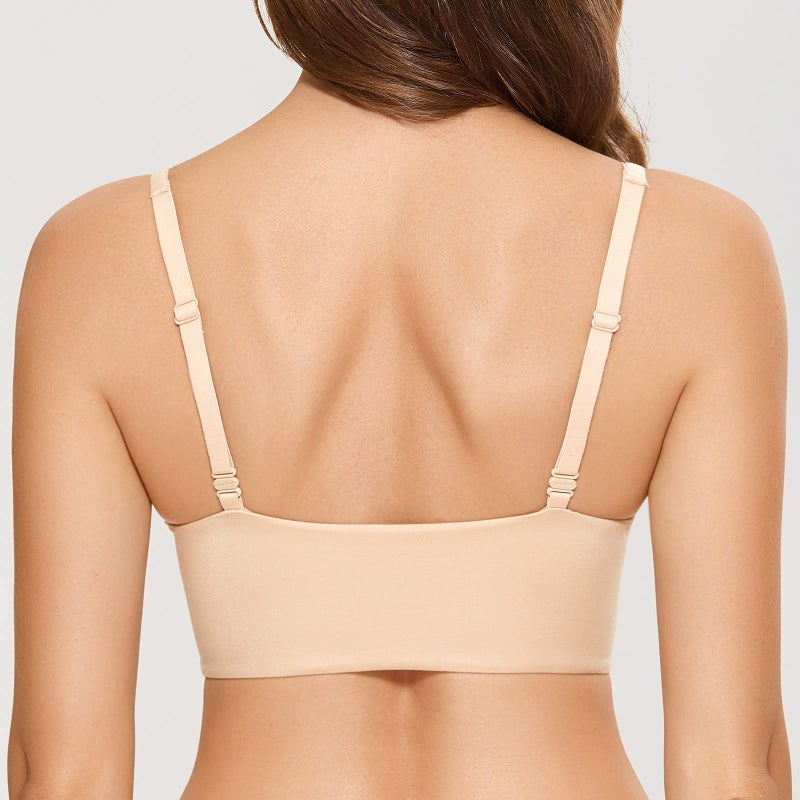 DOBREVA Women's Push Up Bra Wireless Padded No Underwire Back Smoothing Bralettes Sports Bras Beige 34DD - Image 5